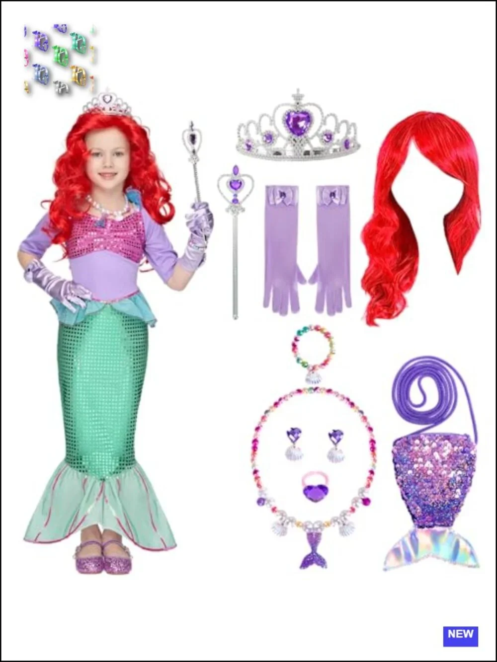 10pc Little Mermaid Sequin Dress Costume Set Girls Halloween Cosplay Wig &